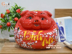 Heo sứ tiết kiệm dáng phệ, màu đỏ dài 23cm