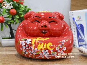 Heo sứ tiết kiệm dáng phệ, màu đỏ dài 23cm