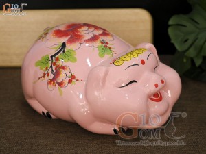 Heo sứ tiết kiệm dáng phệ màu hồng vẽ hoa phù dung, dài 25cm