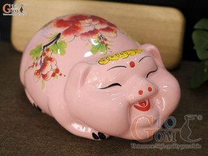 Heo sứ tiết kiệm dáng phệ màu hồng vẽ hoa phù dung, dài 25cm