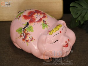 Heo sứ tiết kiệm dáng phệ màu hồng vẽ hoa phù dung, dài 25cm