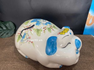 Heo sứ tiết kiệm dáng phệ màu xanh vẽ hoa phù dung, dài 25cm