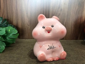 Heo sứ tiết kiệm má phúng phính màu hồng thạch, cao 18cm