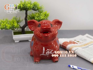 Heo sứ tiết kiệm mặt ngửa màu đỏ, cao 18cm