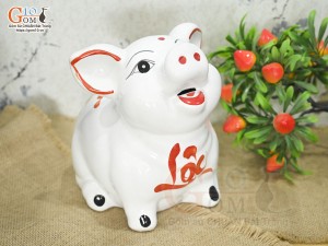 Heo sứ tiết kiệm mặt ngửa màu trắng chữ Lộc, cao 21cm