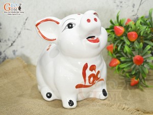Heo sứ tiết kiệm mặt ngửa màu trắng chữ Lộc, cao 21cm