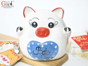 Heo sứ tiết kiệm màu trắng Baby xanh, cao 15cm