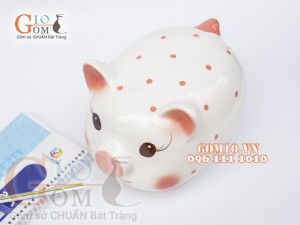 Heo sứ tiết kiệm màu trắng chấm bi hồng dài 23cm