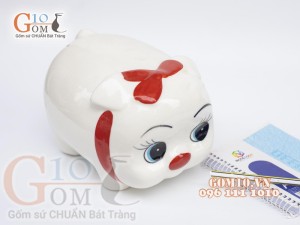 Heo sứ tiết kiệm màu trắng họa tiết nơ đỏ dài 19cm