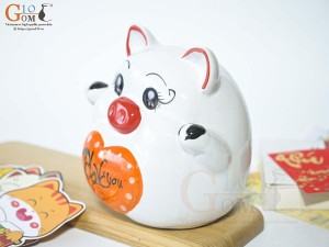 Heo sứ tiết kiệm màu trắng tim cam, cao 15cm
