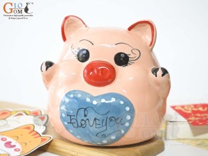 Heo sứ tiết kiệm màu trắng Tim xanh, cao 15cm