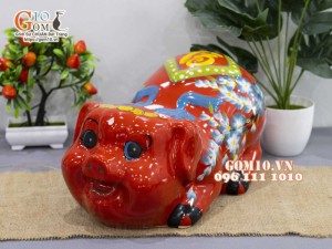 Heo sứ tiết kiệm nằm phệ, màu đỏ dài 35cm