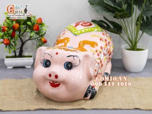 Heo sứ tiết kiệm nằm phệ, màu hồng dài 35cm