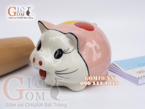 Heo sứ tiết kiệm tai vểnh màu hồng phấn, cao16cm.