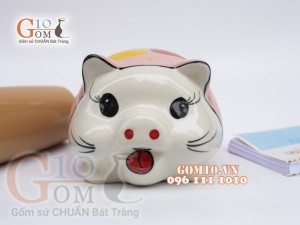 Heo sứ tiết kiệm tai vểnh màu hồng phấn, cao16cm.