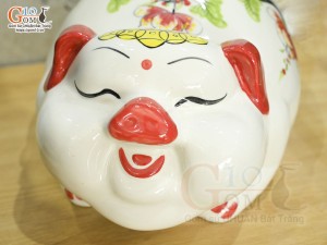 Heo sứ tiết kiệm vẽ hoa Phù Dung đỏ, dài 32cm