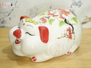 Heo sứ tiết kiệm vẽ hoa Phù Dung đỏ, dài 32cm