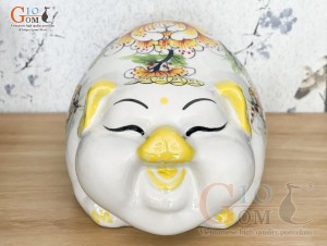 Heo sứ tiết kiệm vẽ hoa Phù Dung, màu trắng dài 32cm