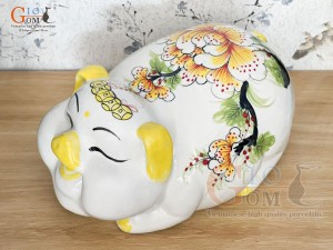 Heo sứ tiết kiệm vẽ hoa Phù Dung, màu trắng dài 32cm