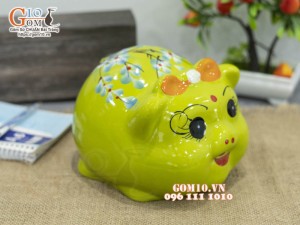 Heo sứ tiết kiệm xanh đeo nơ cam, 16cm