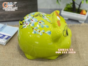 Heo sứ tiết kiệm xanh đeo nơ cam, 16cm