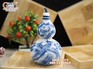 Hồ lô men chàm cổ vẽ chim hoa, 1 Lít