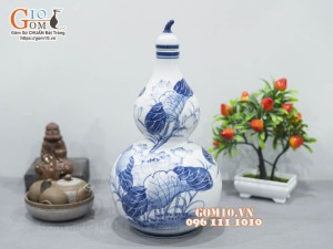 Hồ lô men chàm cổ vẽ Sen, 3 Lít
