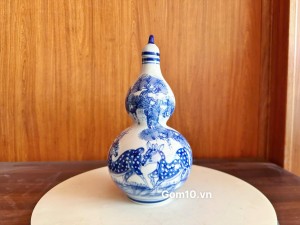 Hồ lô men trắng vẽ tùng lộc dung tích 1 lít