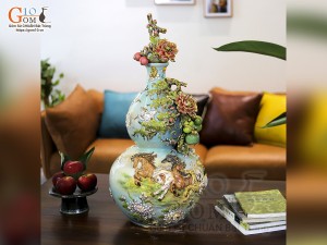 Hồ Lô men vân mây đắp nổi Mã Đáo Thành Công vẽ vàng 24k, cao 75cm