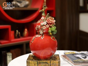 Hồ lô mini đắp nổi hoa Đào màu đỏ vẽ vàng 24k, cao 36cm