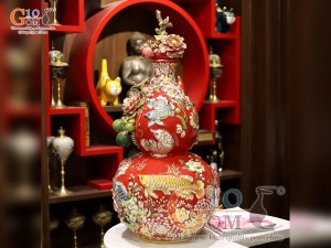 Hồ lô Phú Quý Tài Lộc men vân mây đắp nổi lựu cá vẽ vàng 24k, cao 75cm (màu đỏ)