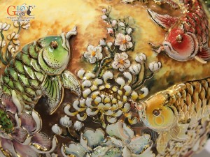 Hồ lô Phú Quý Tài Lộc men vân mây đắp nổi lựu cá vẽ vàng 24k, cao 75cm (màu vàng loang)