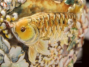 Hồ lô Phú Quý Tài Lộc men vân mây đắp nổi lựu cá vẽ vàng 24k, cao 75cm (màu vàng loang)