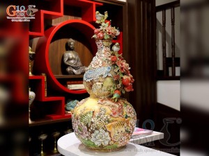 Hồ lô Phú Quý Tài Lộc men vân mây đắp nổi lựu cá vẽ vàng 24k, cao 75cm (màu vàng loang)