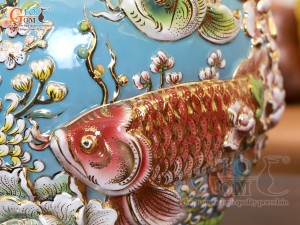 Hồ lô Phú Quý Tài Lộc men vân mây đắp nổi lựu cá vẽ vàng 24k, cao 75cm (màu xanh loang)