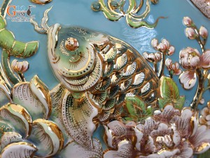 Hồ lô Phú Quý Tài Lộc men vân mây đắp nổi lựu cá vẽ vàng 24k, cao 75cm (màu xanh loang)