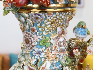 Hồ lô Phú Quý Tài Lộc men vân mây đắp nổi lựu cá vẽ vàng 24k, cao 75cm (màu xanh loang)