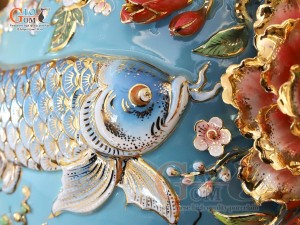 Hồ lô Phú Quý Tài Lộc men vân mây đắp nổi lựu cá vẽ vàng 24k, cao 75cm (màu xanh loang)