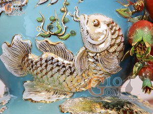 Hồ lô Phú Quý Tài Lộc men vân mây đắp nổi lựu cá vẽ vàng 24k, cao 75cm (màu xanh loang)