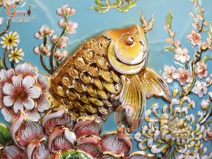 Hồ lô Phú Quý Tài Lộc men vân mây đắp nổi lựu cá vẽ vàng 24k, cao 75cm (màu xanh loang)