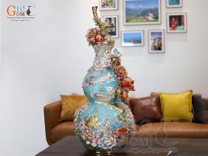 Hồ lô Phú Quý Tài Lộc men vân mây đắp nổi lựu cá vẽ vàng 24k, cao 75cm (màu xanh loang)