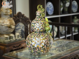 Hồ lô tài lộc men màu đắp nổi Phù Dung Tài Lộc vẽ vàng 24k, cao 55cm