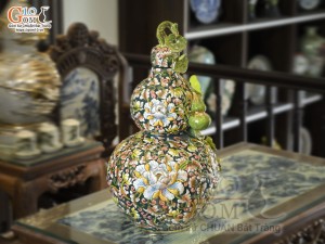 Hồ lô tài lộc men màu đắp nổi Phù Dung Tài Lộc vẽ vàng 24k, cao 55cm