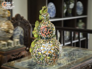 Hồ lô tài lộc men màu đắp nổi Phù Dung Tài Lộc vẽ vàng 24k, cao 55cm