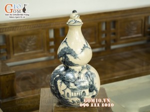 Hồ lô tài lộc men rạn cổ vẽ Tùng chùa, 52cm