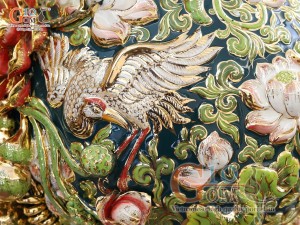 Hồ lô tài lộc men vân mây đắp nổi Bách Niên Cửu Hạc vẽ vàng 24k, cao 75cm