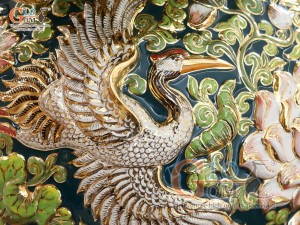 Hồ lô tài lộc men vân mây đắp nổi Bách Niên Cửu Hạc vẽ vàng 24k, cao 75cm