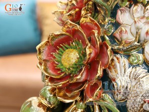 Hồ lô tài lộc men vân mây đắp nổi Bách Niên Cửu Hạc vẽ vàng 24k, cao 75cm