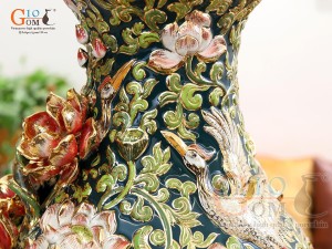 Hồ lô tài lộc men vân mây đắp nổi Bách Niên Cửu Hạc vẽ vàng 24k, cao 75cm