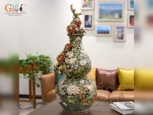 Hồ lô tài lộc men vân mây đắp nổi Bách Niên Cửu Hạc vẽ vàng 24k, cao 75cm